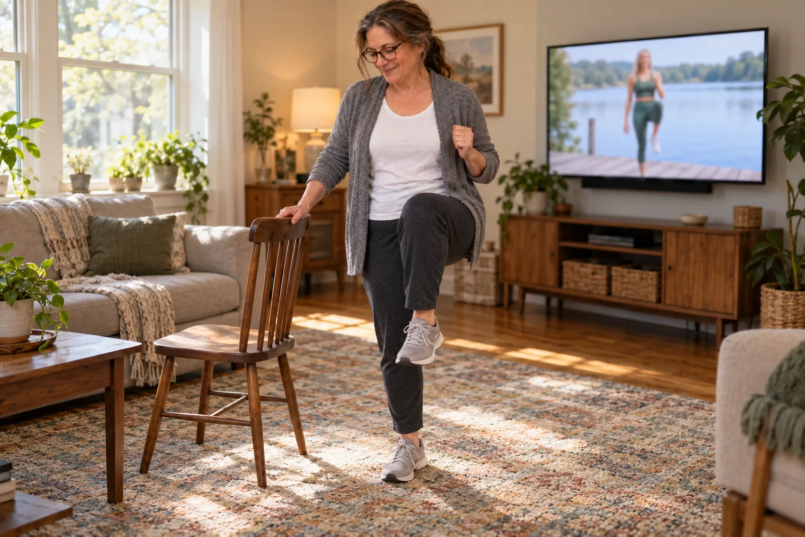 The same woman in her living room doing a gentle standing march with a hand on a chair, a blurred video on the television behind her