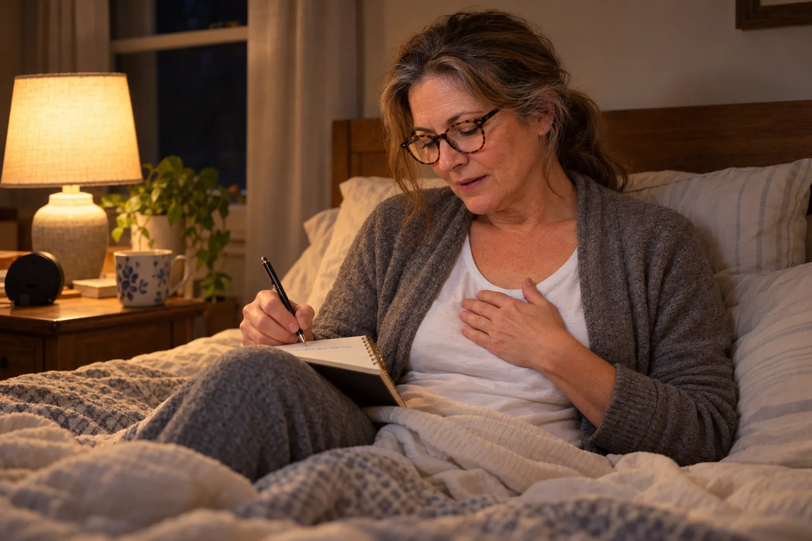 The same woman sitting up in bed at night by a dim lamp, writing one line on a small notepad and breathing out slowly