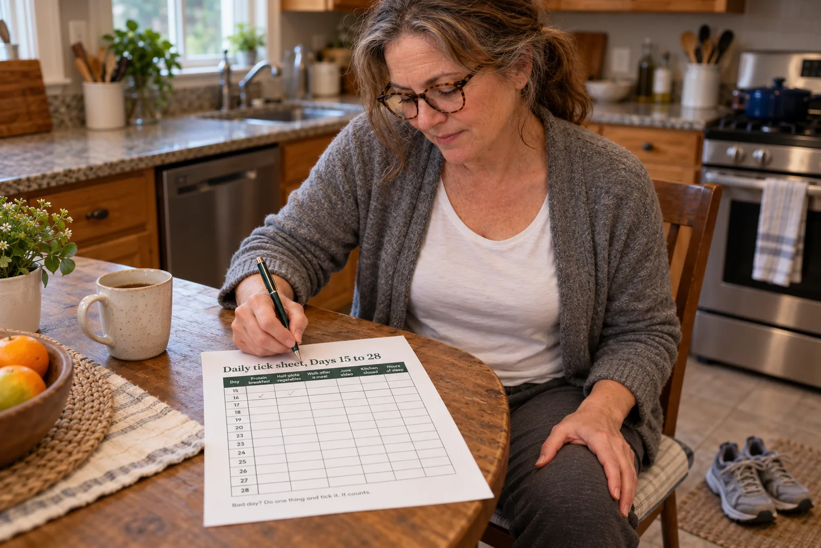 The same woman at her kitchen table after a bad night, rubbing a sore knee while ticking a box on a printed tracker sheet, walking shoes beside her chair