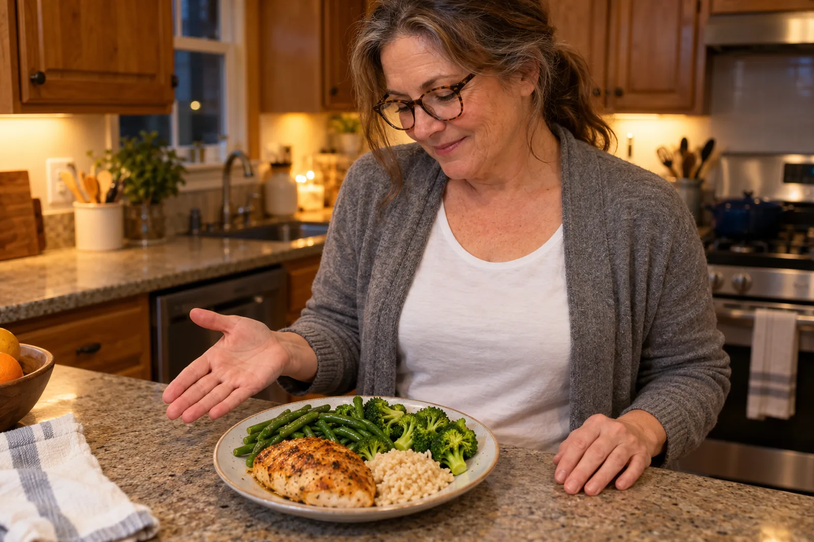 A woman in her late fifties at her kitchen counter sizing a dinner plate against her own open hand, smiling