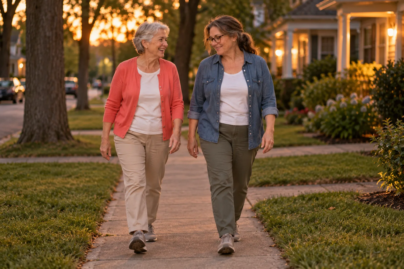 The same woman and her friend walking side by side along a quiet street at dusk after dinner