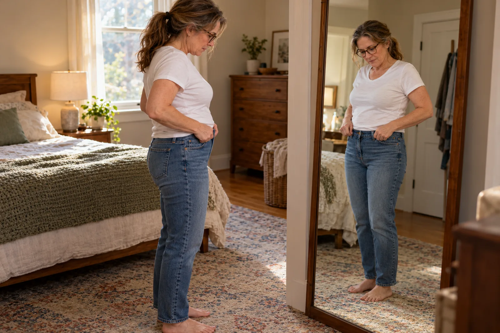 The same woman side-on in front of a bedroom mirror, tugging at the waistband of her jeans with a puzzled, tired look