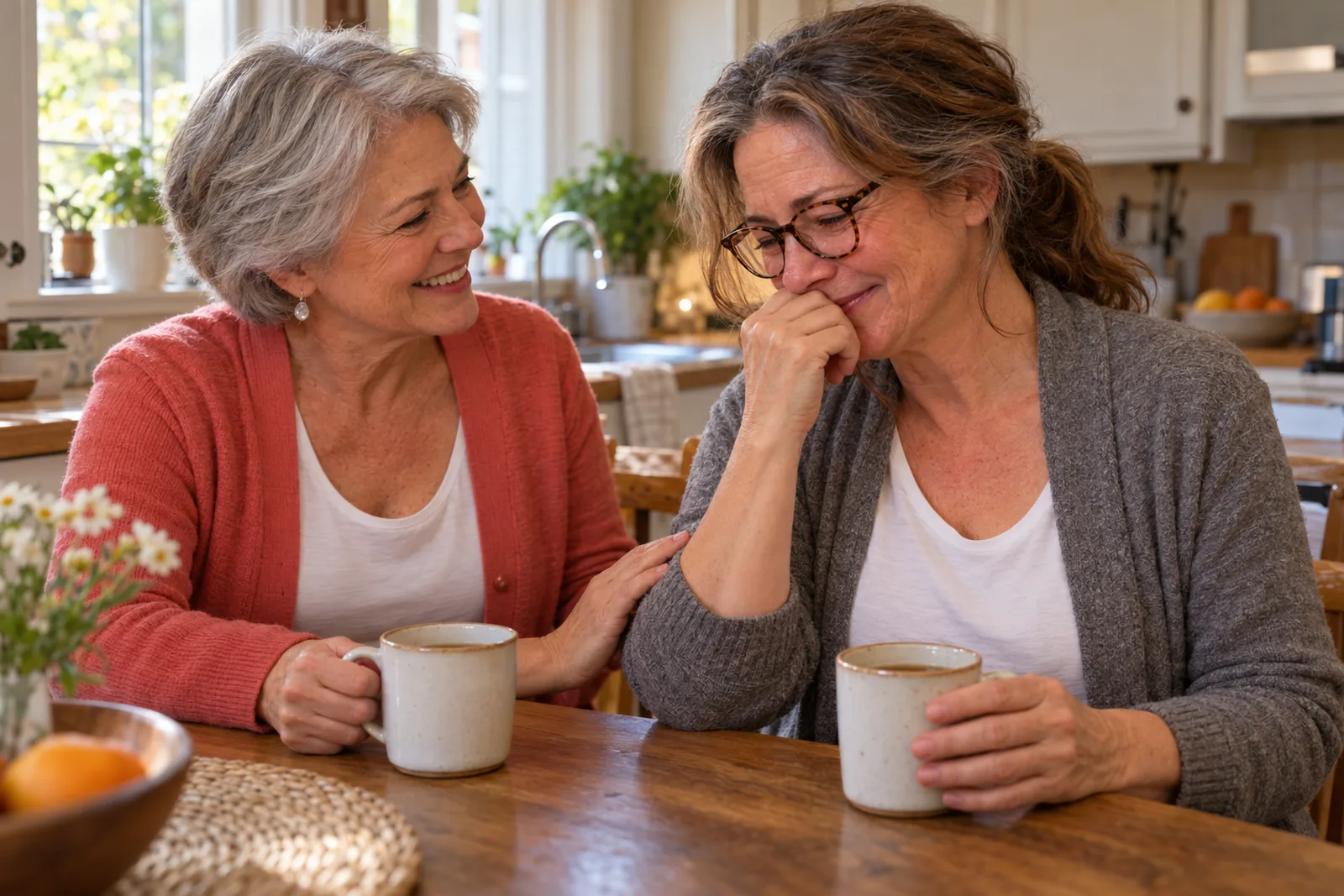 The same woman at her kitchen table with a friend who rests a hand on her arm, both laughing with relief