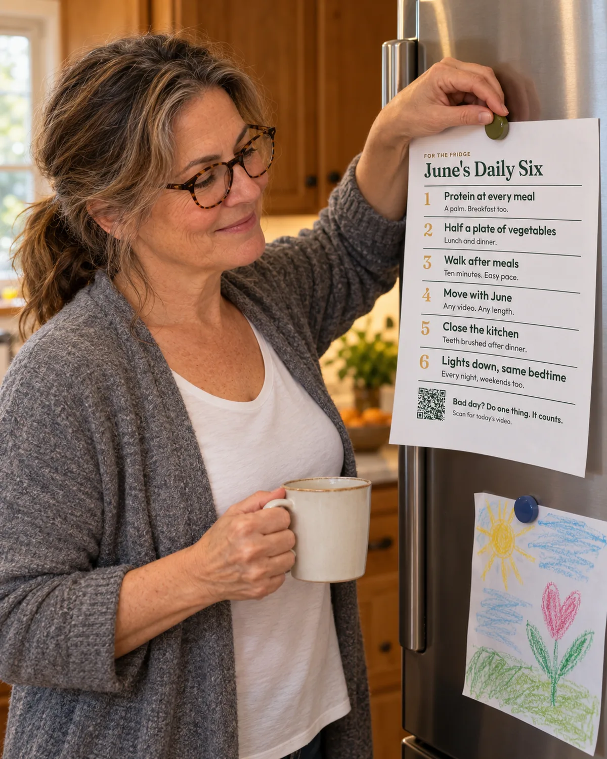 The same woman sticking the printed Daily Six sheet onto her refrigerator door with a magnet
